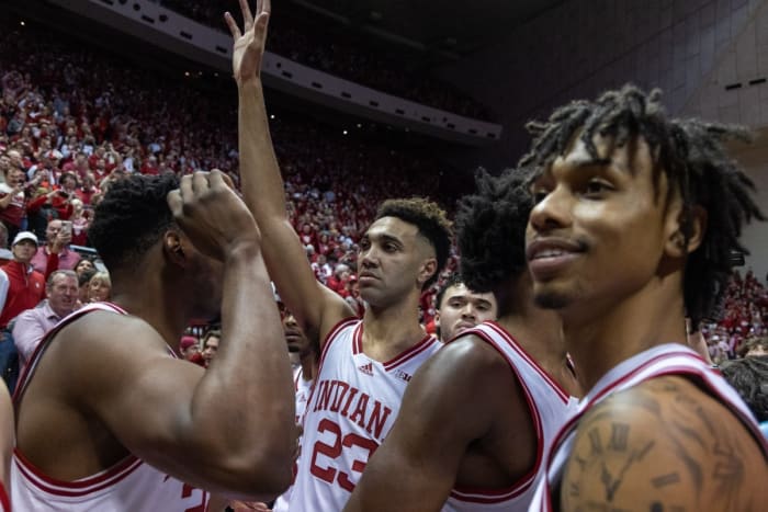 CJ Gunn and Trayce Jackson-Davis celebrate after Indiana's victory over No. 1 Purdue.